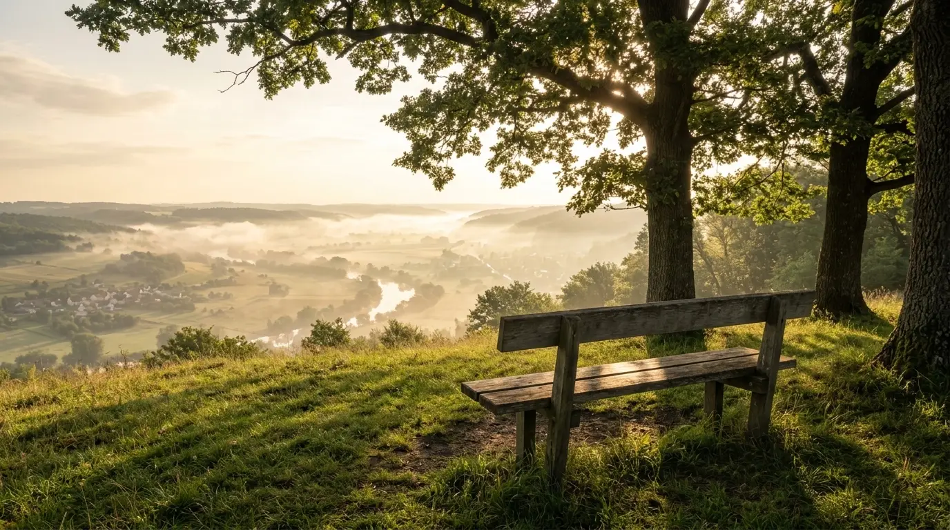 TREWSELF Solitary Wooden Bench Overlooking Valley at Sunrise