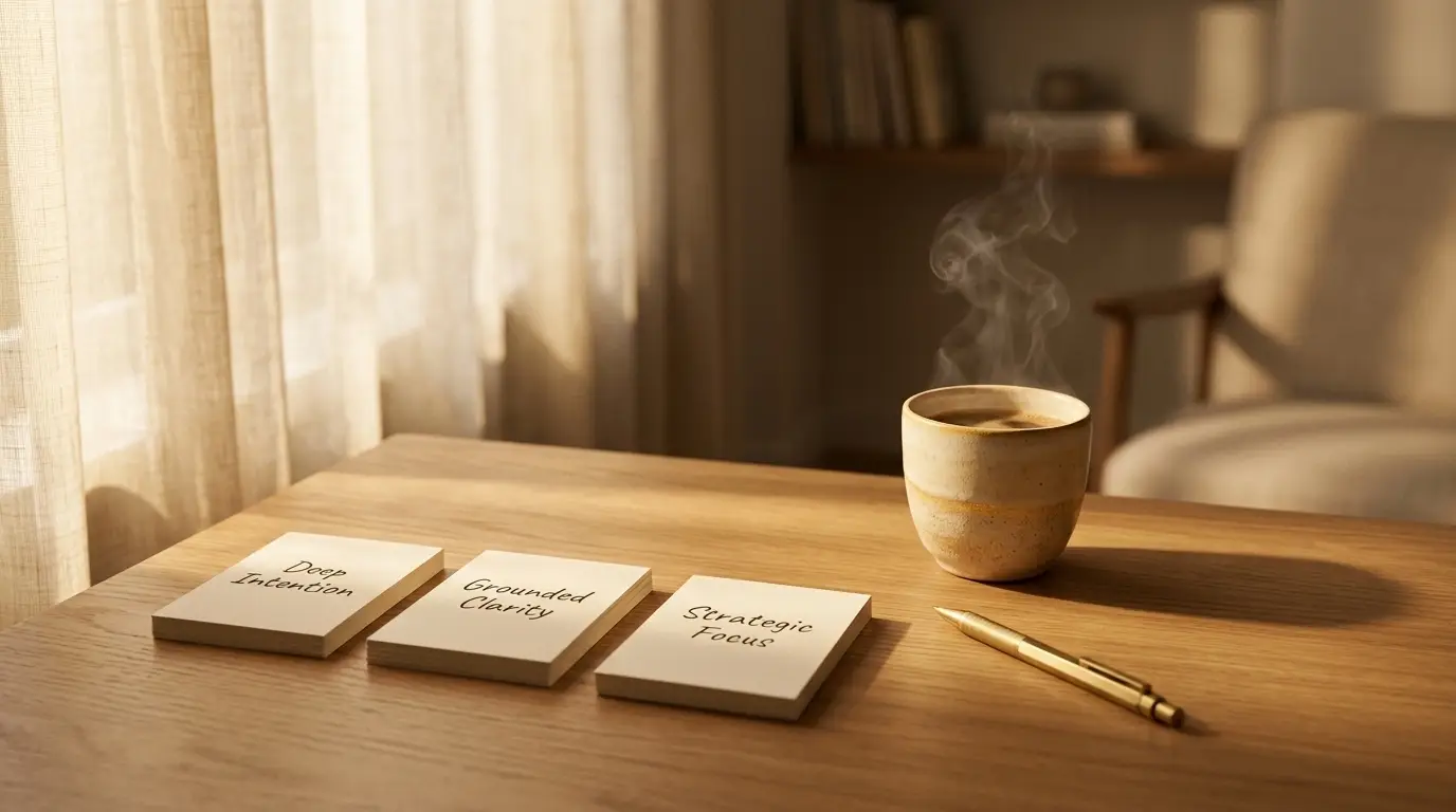 Quiet sunlit wooden desk with visual cards representing mental clarity