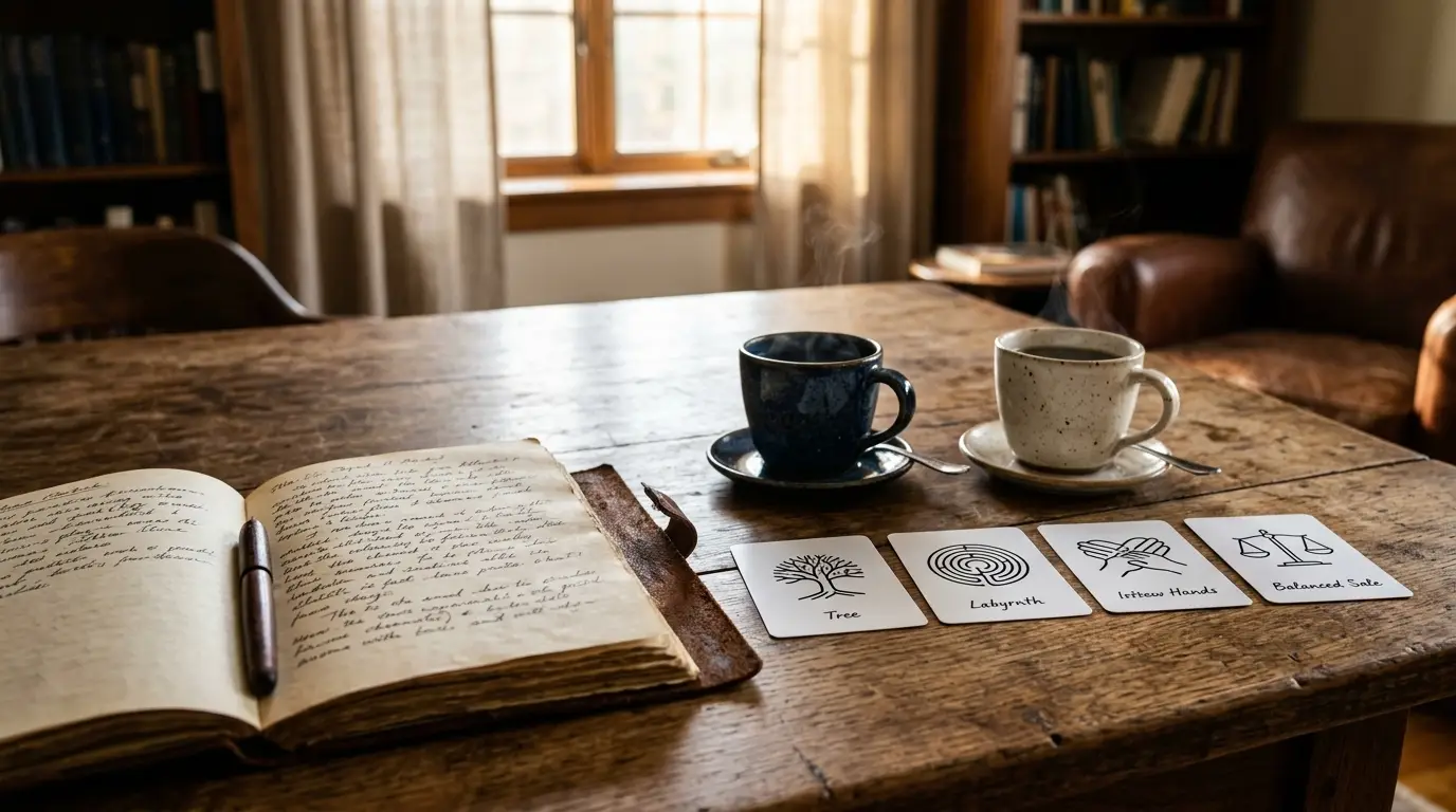 Oak table with coffee cup and notebook in quiet room