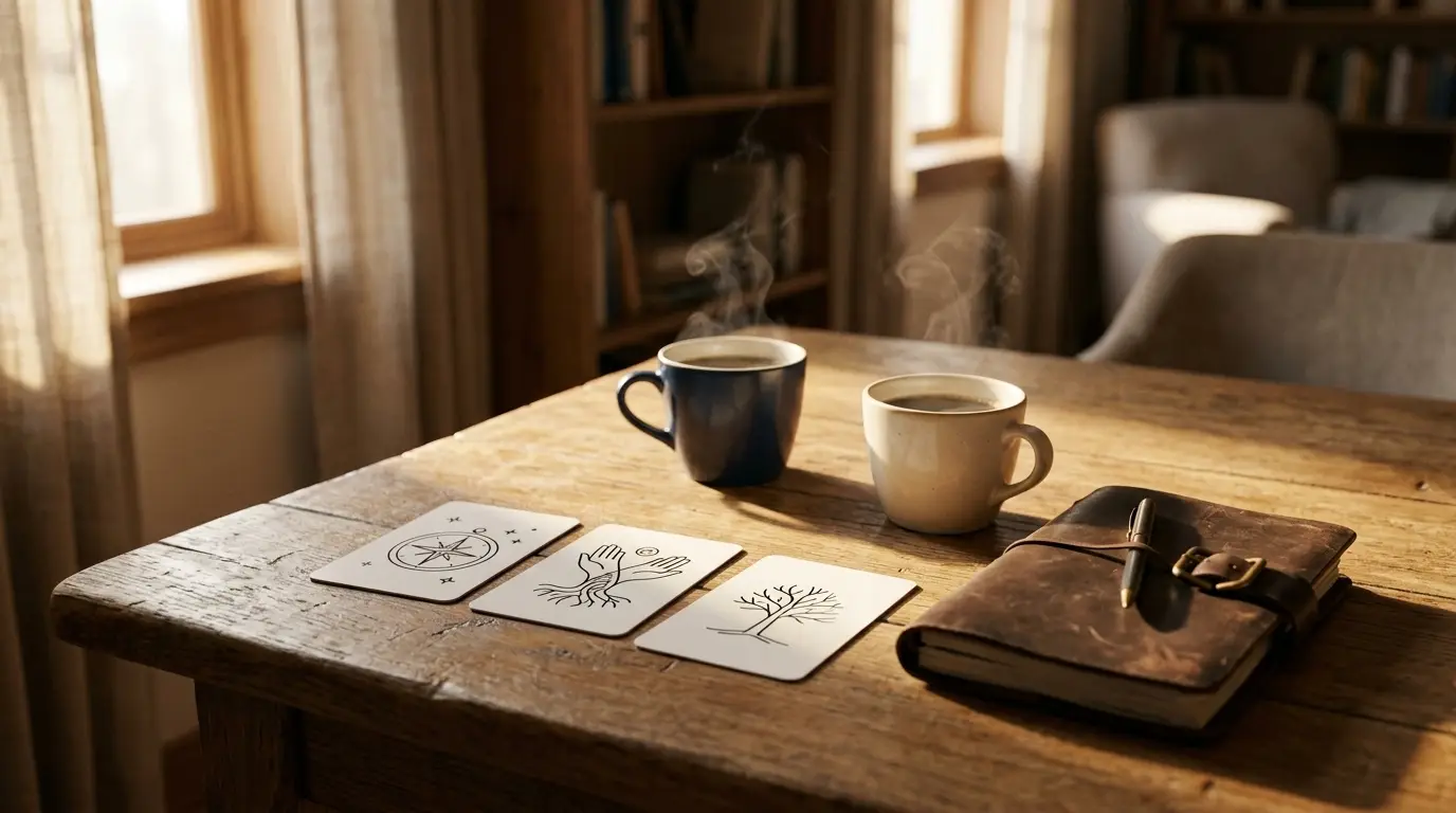 TREWSELF Oak Table, Visual Cards and Coffee Cups