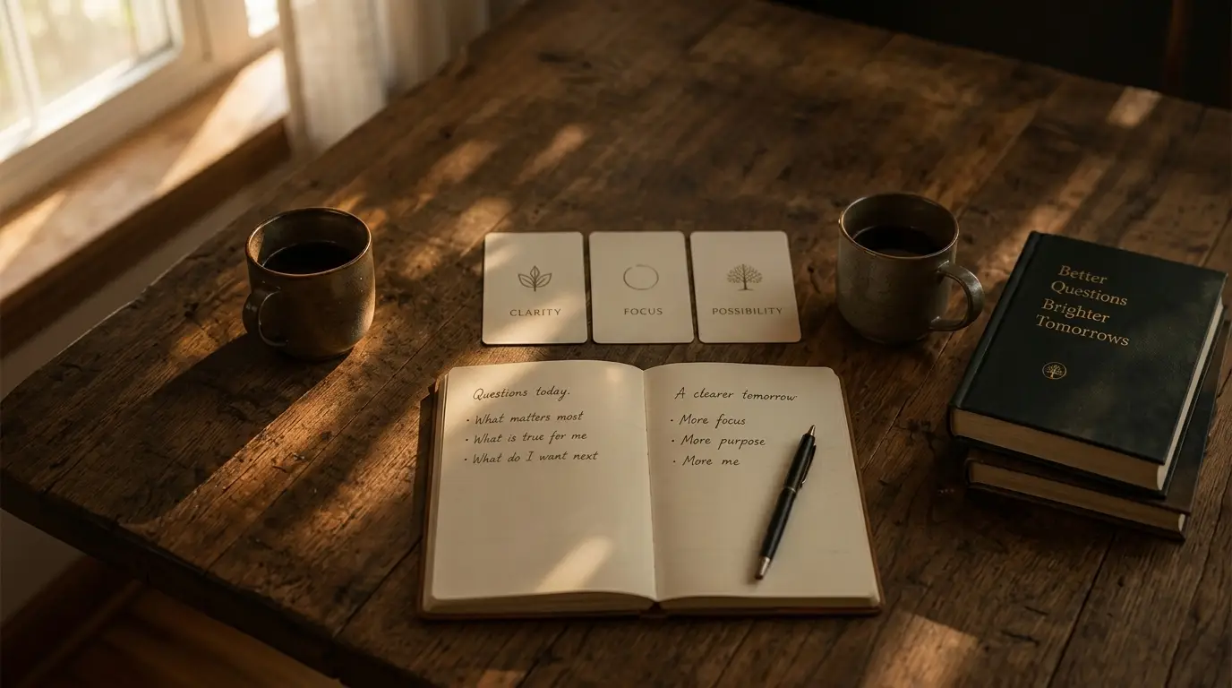 TREWSELF Oak Table with Coffee Cups and Visual Cards