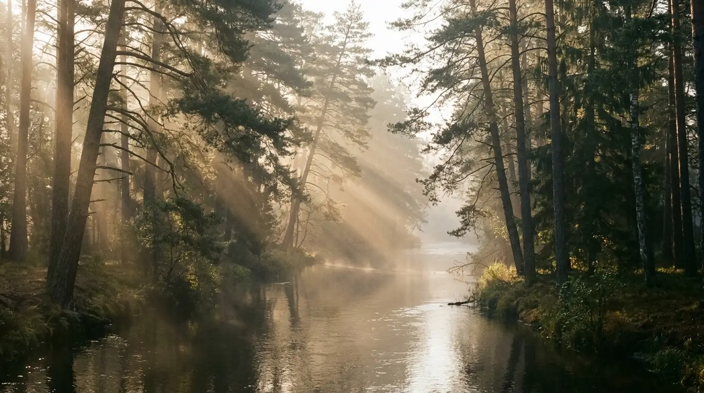 TREWSELF Serene Misty River and Forest Landscape